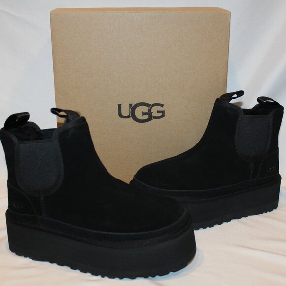 UGG WOMEN'S NEUMEL PLATFORM‎ SUEDE SHEARLING LINED ANKLE BOOTS BLACK - Picture 1 of 8